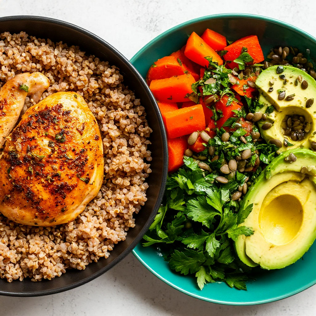 монохромная еда и яркая тарелка с овощами