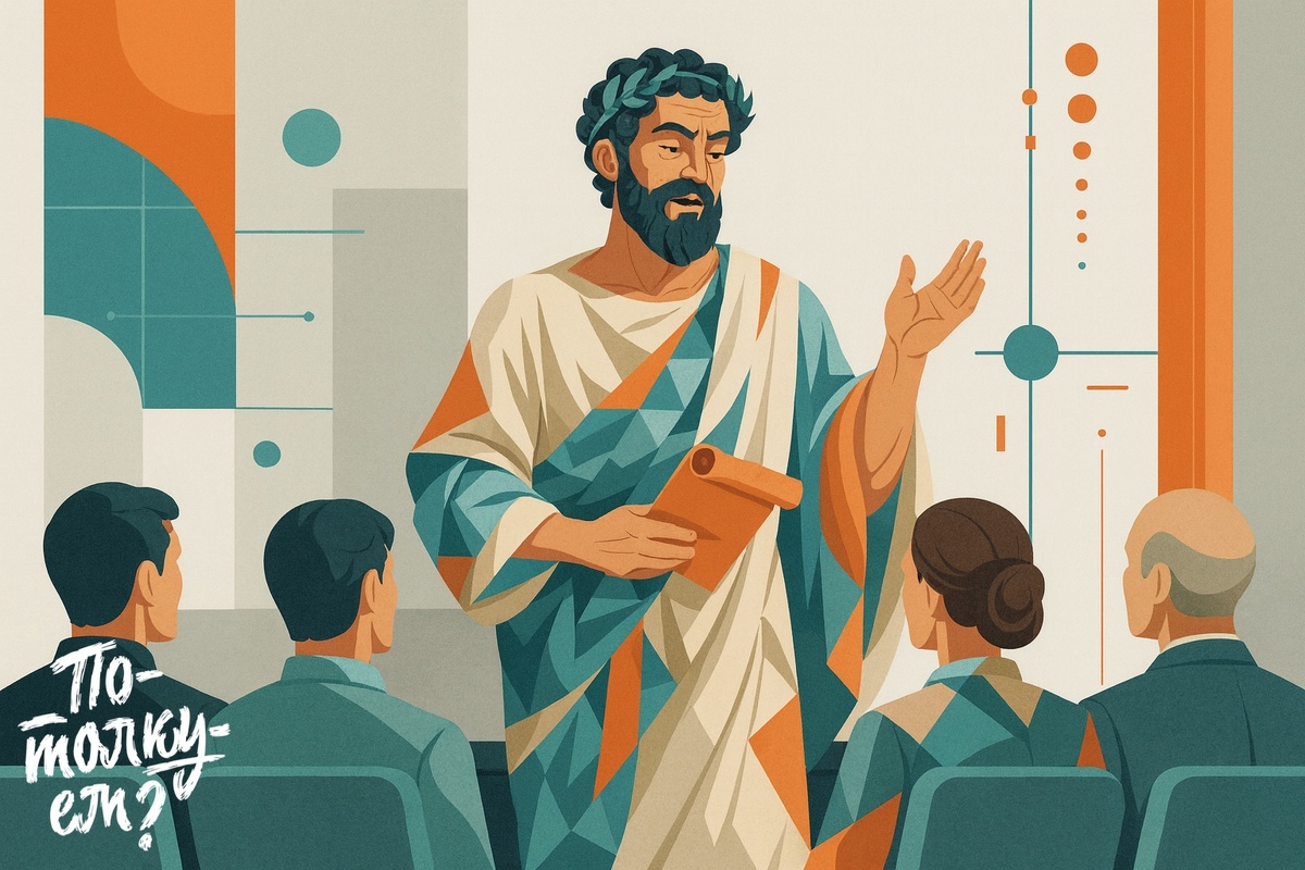 Древнегреческий философ выступает перед серьезной публикой.