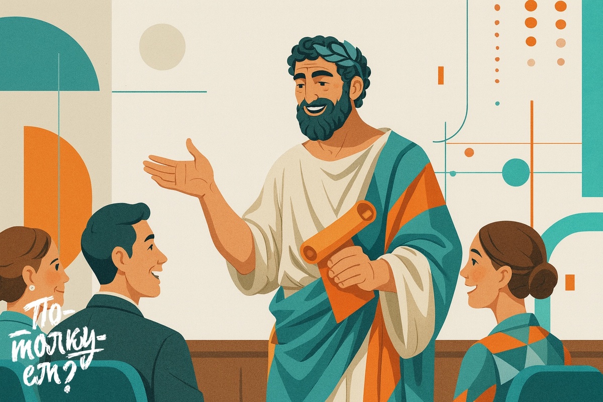 Древнегреческий философ шутит со зрителями, у публики лёгкие улыбки.