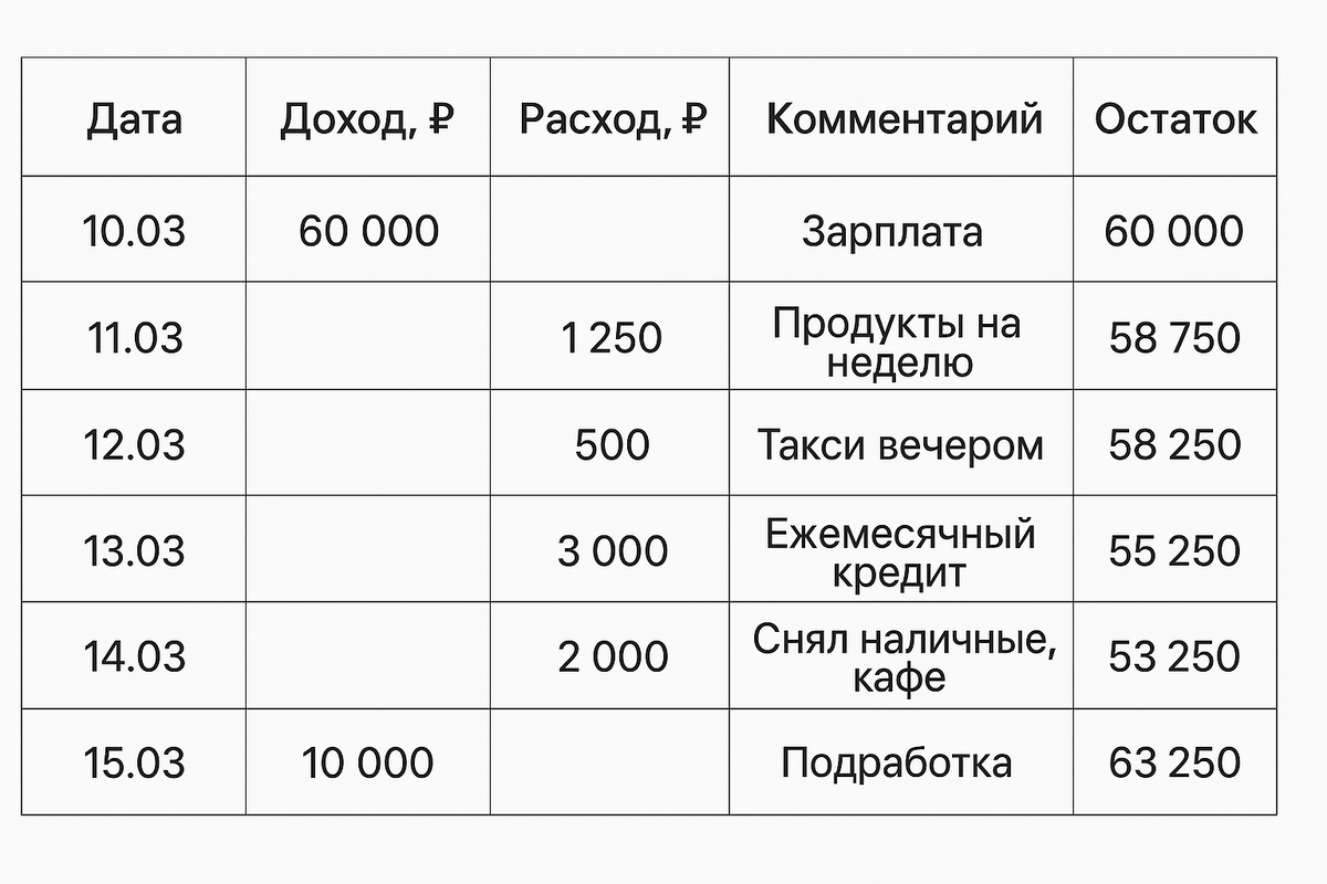 Пример таблицы для семейного бюджета