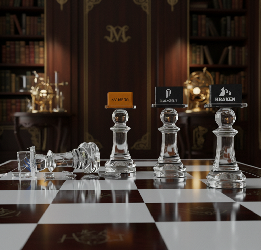 Визуализация войны за наследство. Павший стеклянный король — рухнувшая "Гидра". Пешки с логотипами — ее голодные наследники. Игра началась, но по новым, еще более жестоким правилам.