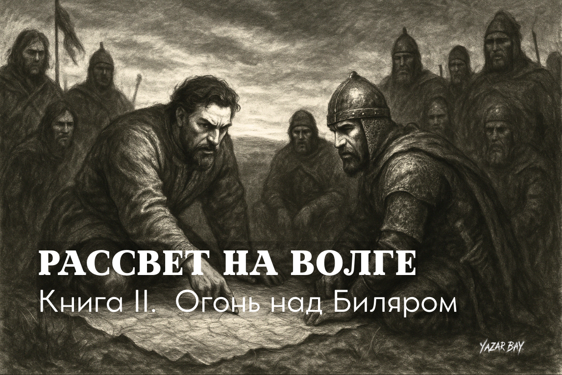 Булгарский воин Айдар и его союзник, кочевой вождь Батур, склонились над картой, принимая дерзкое решение, от которого зависит судьба их похода. ©Язар Бай