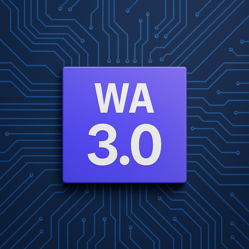 Визуализация в стиле хай-тек подчеркивает выход WebAssembly 3.0: минималистичный фиолетовый логотип и фон с абстрактными схемами символизируют мощь и эволюцию нового стандарта.