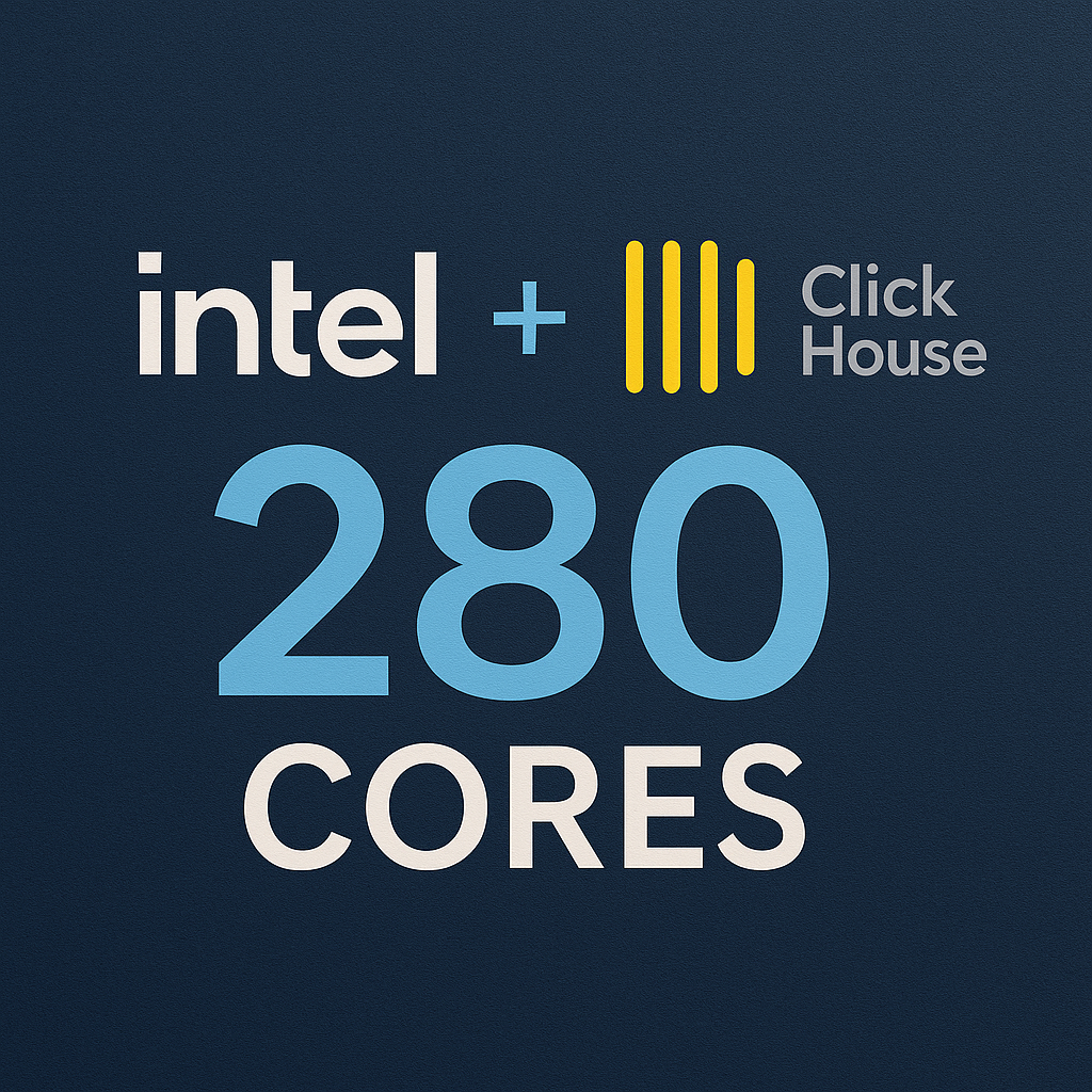 Изображение символизирует оптимизацию ClickHouse под процессоры Intel с сотнями ядер: сочетание логотипа ClickHouse и иконки CPU подчёркивает работу системы на сверхмногопоточных серверах.