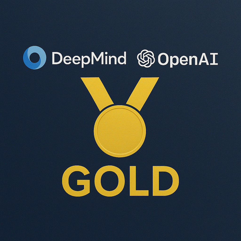 Изображение символизирует достижение ИИ DeepMind и OpenAI уровня «золотой медали» на ICPC: золотая награда и логотипы компаний подчёркивают прорыв в конкурентном программировании.