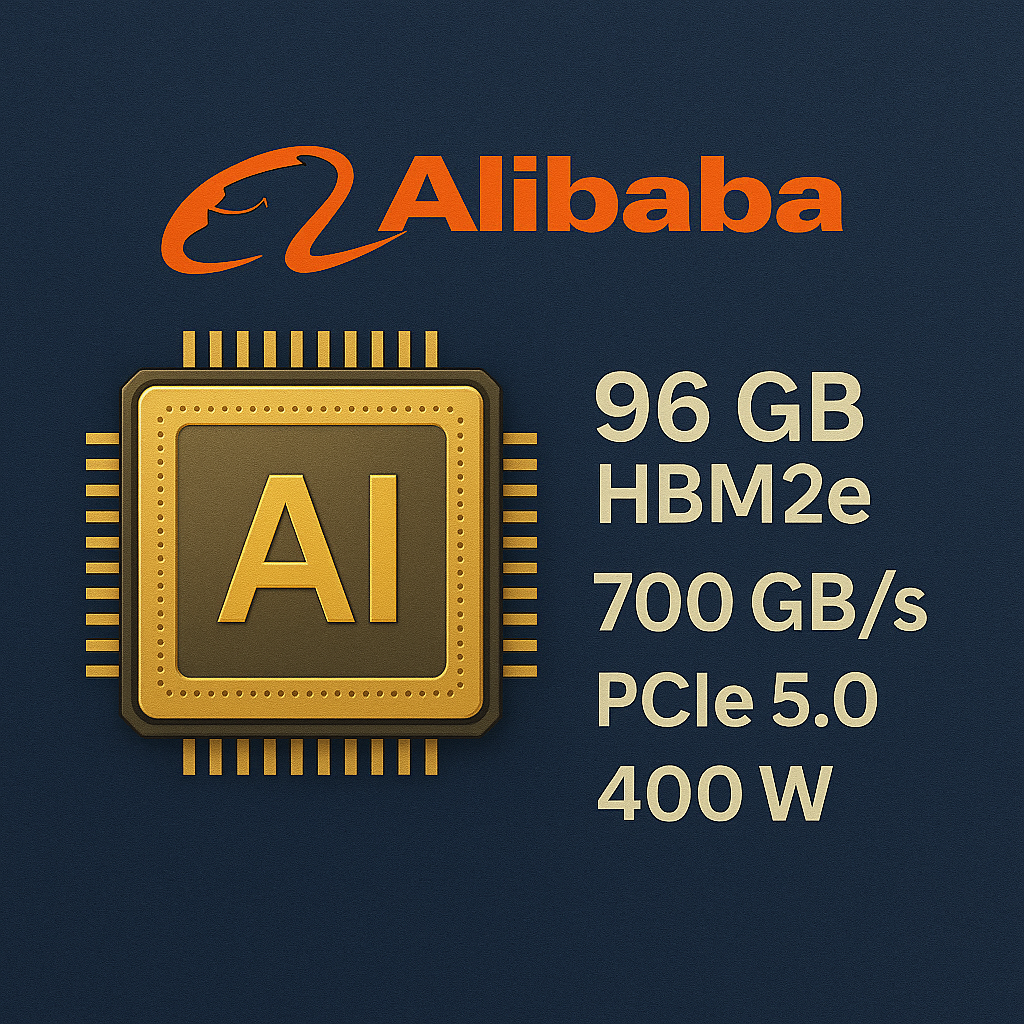 Изображение символизирует новый AI-чип Alibaba: золотой процессор с акцентом на высокую производительность и энергоэффективность на фоне фирменного логотипа компании.