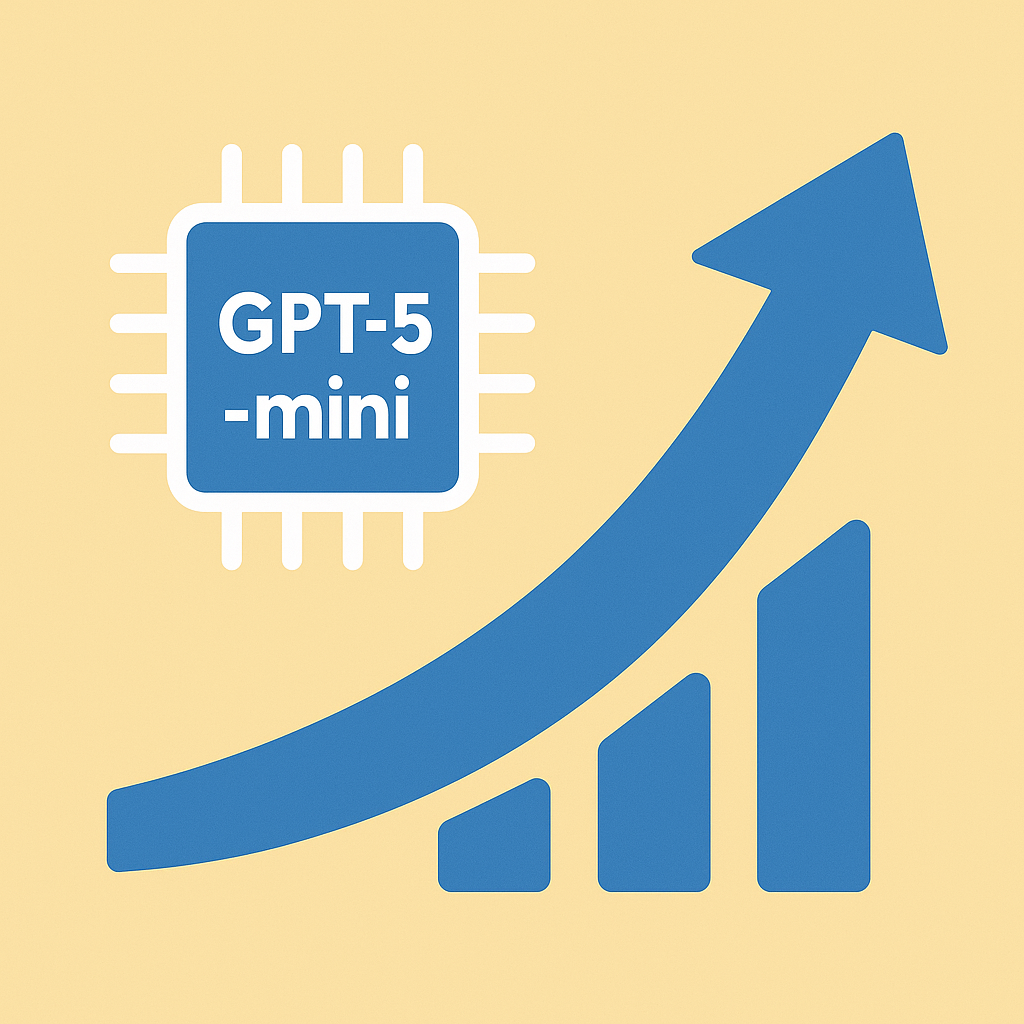 Иллюстрация отражает рост эффективности GPT-5-mini: чип и стрелка вверх символизируют улучшение на 22% благодаря оптимизации подсказок в Tau² benchmark.