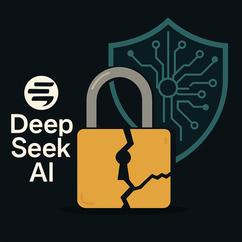 Иллюстрация передаёт проблему: логотип DeepSeek AI рядом с треснувшим замком и цифровым щитом символизирует уязвимости и вопросы безопасности, связанные с генерацией кода.