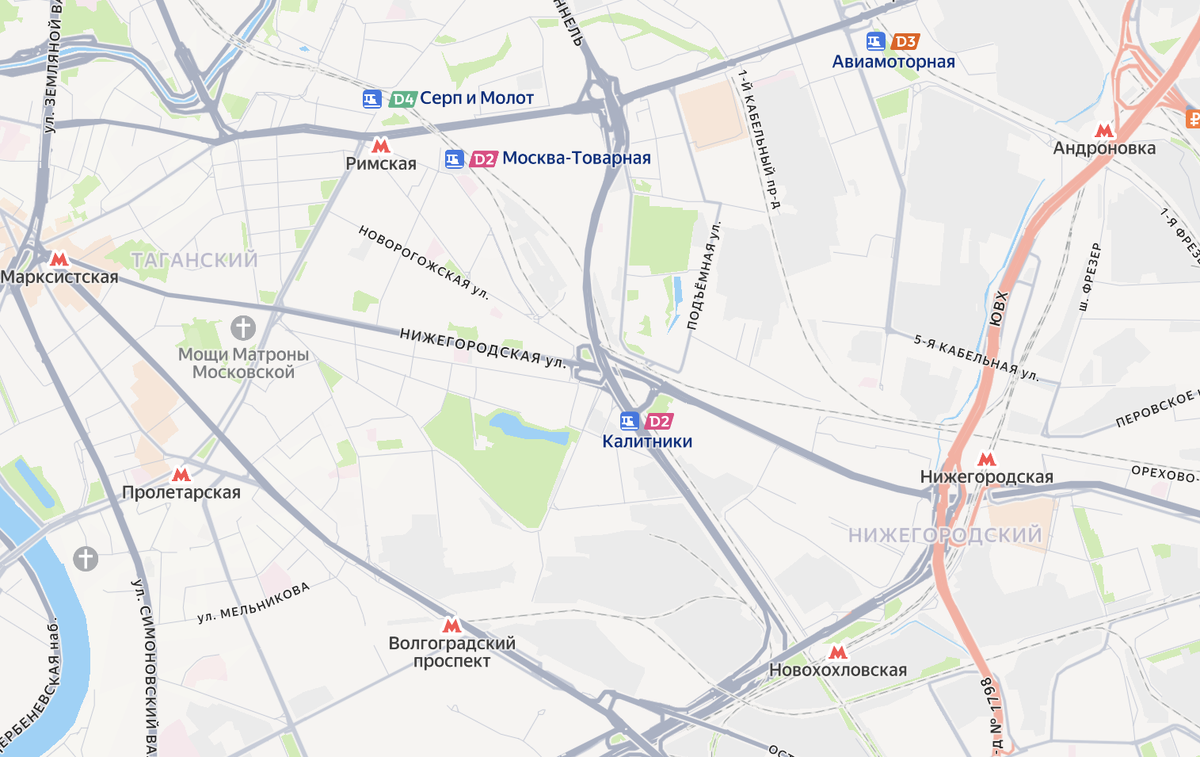 Станция МЦД-2 Калитники на современной карте Москвы. Яндекс.Карты.