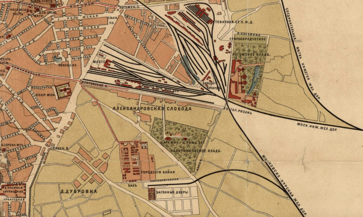 На карте Москвы 1890 года там, где сейчас располагается станция Калитники, ничего не указывали. С сайта www.retromap.ru.