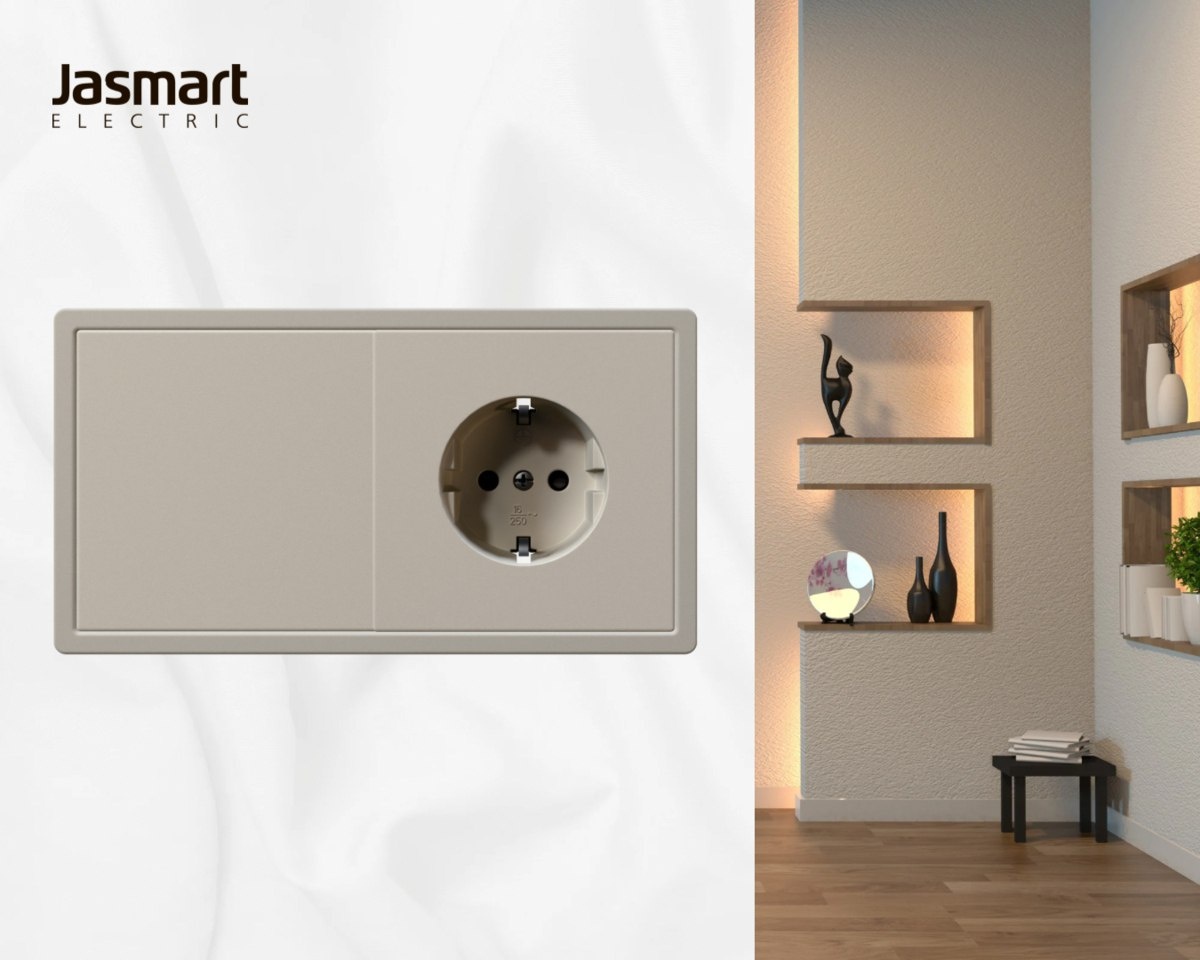 На фото: розетка и выключатель в лаконичном дизайне из новой серии FD в цвете Тауп от бренда Jasmart