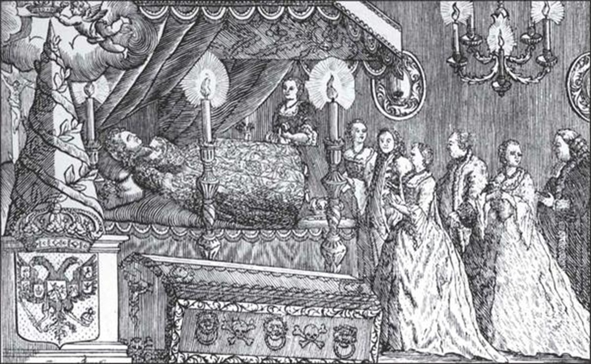 (Великая княгиня Екатерина Алексеевна (будущая Екатерина Вторая) у гроба Елизаветы Петровны, немецкая гравюра XVIII века.) Фото из открытого доступа