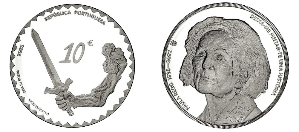    Португальская монета 10 евро с портретом художницы Паулы Рего и символами из ее картин