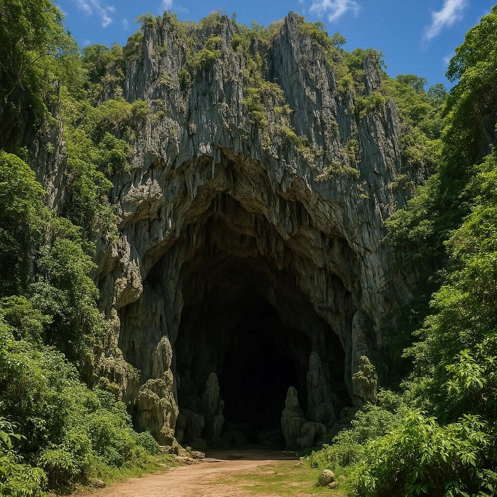 Вход в пещеру выглядит как огромный арочный проём, ведущий вглубь тёмного и загадочного пространства. Небо над пещерой ясное и голубое, что подчёркивает контраст между зеленью и серыми оттенками скал. Это место выглядит как идеальное для исследования и наслаждения природой.


