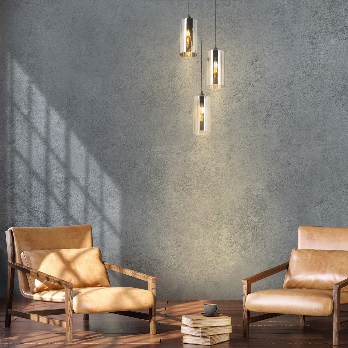 Пример отделки стены темно-серыми флизелиновыми фотообоями VEROL с подвесными светильниками. Артикул на WB: 454105642.