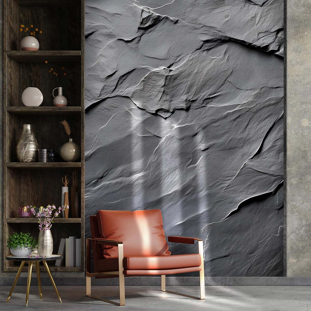 Пример отделки стены флизелиновыми фотообоями VEROL с имитацией дикого камня. Артикул на WB: 446602771.