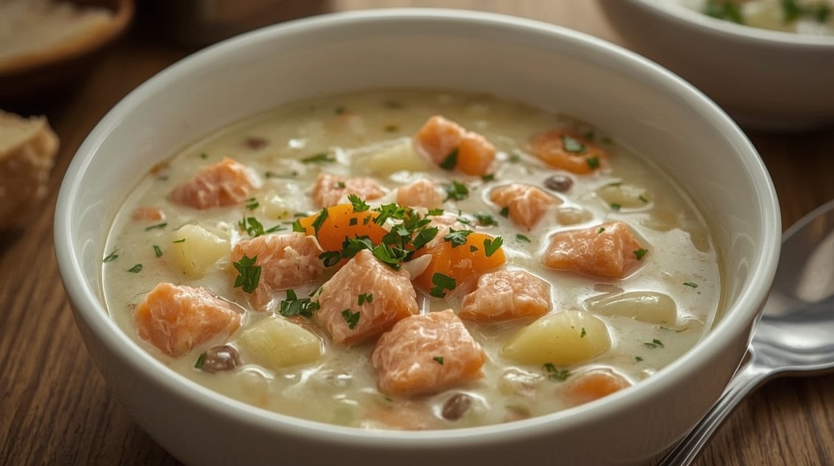 Суп с консервированной горбушей и плавленым сыром