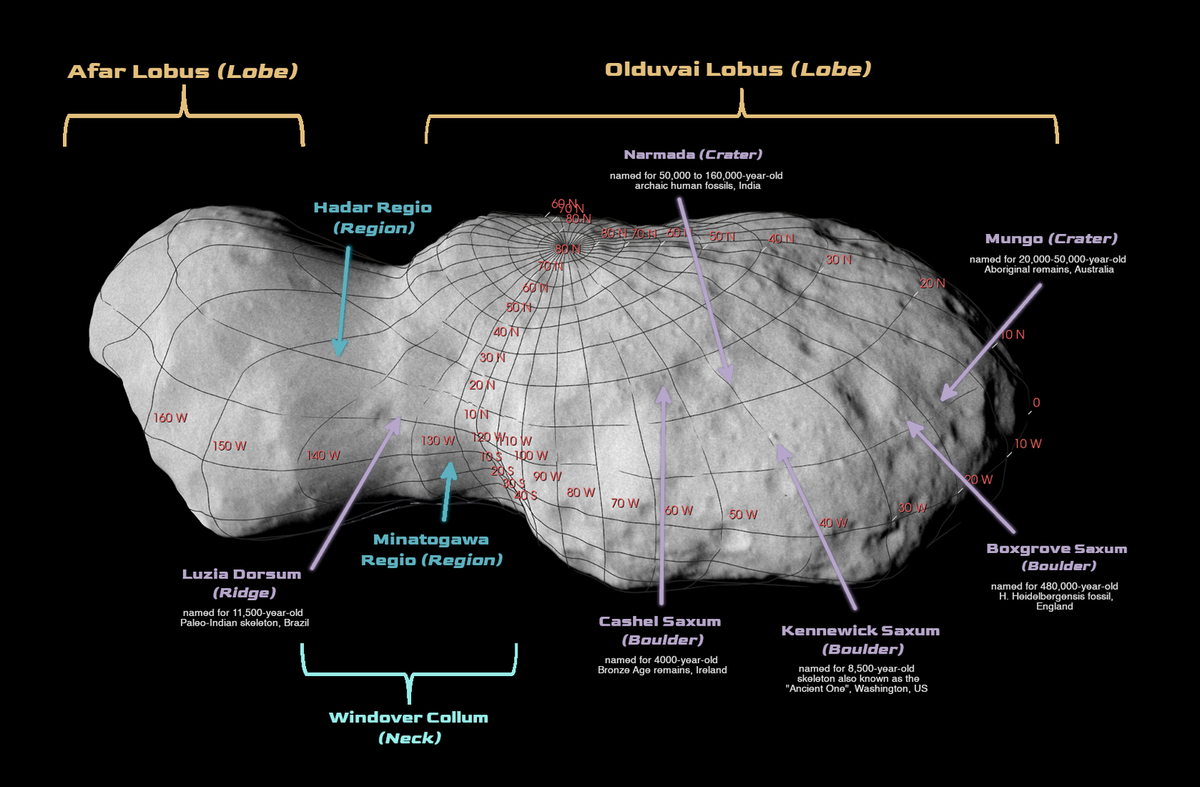    Регионы и объекты на поверхности астероида Дональдджохансон получили имена из палеоантропологии