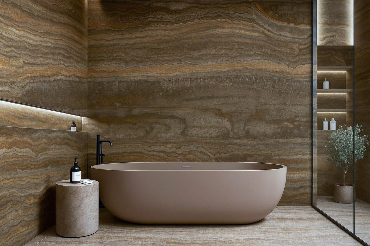 Травертин Silver для облицовки стен в ванной комнате