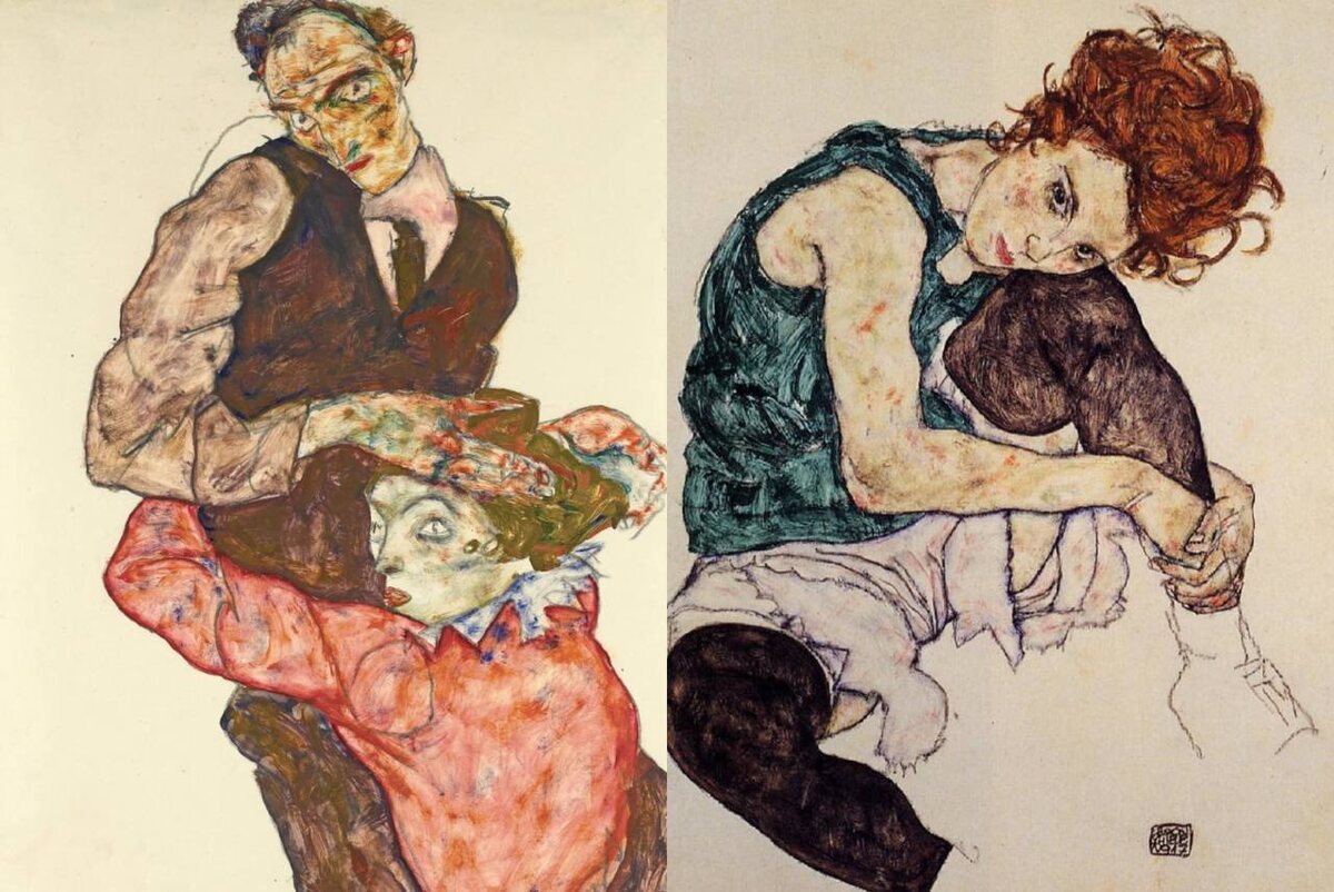 Эгон Шиле: «Влюблённые» и «Сидящая девушка с согнутым коленом»
