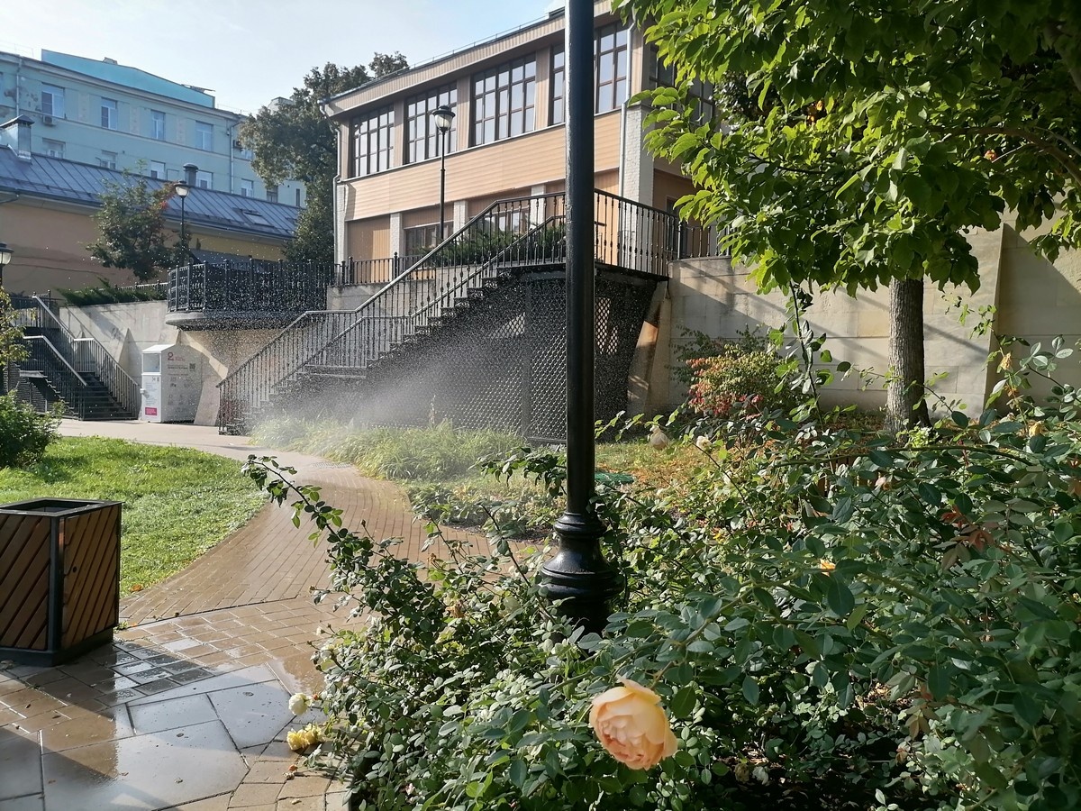 Не поверишь, что сейчас сентябрь. Здесь роскошно цветут розы, радуга в водяной взвеси от разбрызгивателя и атмосфера советского санатория 1950-х