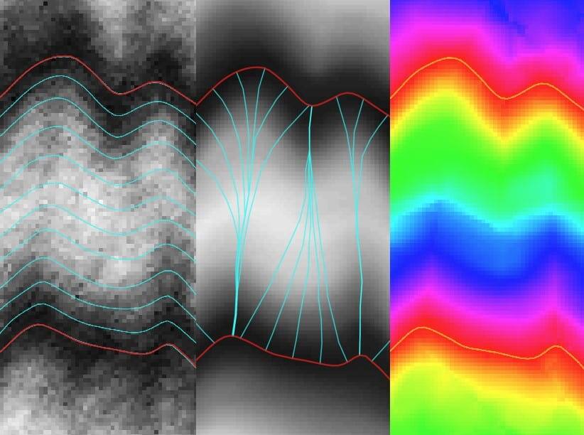    В крупном масштабе кратко три стадии: 1) Выделение интерференционных полос и построение изофаз на исходном кадре, 2) построение линий, перпендикулярных к изофазам, для наилучшего расчета фазы, 3) итоговая фаза световой волны в цветовой шкале / © T. F. Khirianov et al., IEEE Access