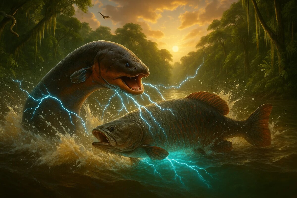 Момент атаки. Электрический угорь генерирует разряд высокого напряжения, чтобы оглушить добычу или защититься от угрозы. Каждый такой разряд — это результат слаженной работы тысяч специализированных клеток-электролитов, работающих как батарейки. Напряжение может достигать 600 В, а сила тока — 1 Ампер.