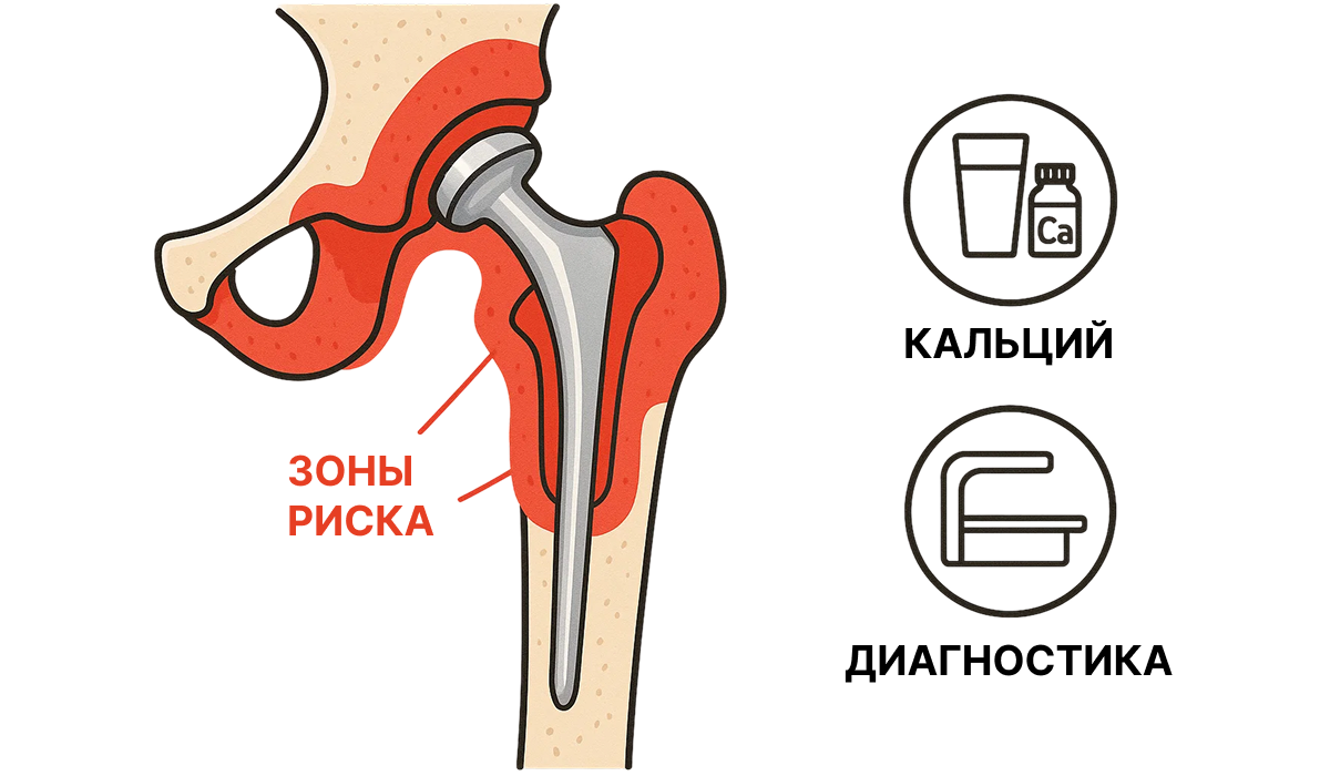 Схематичное изображение эндопротеза в кости с выделением «зон риска» 