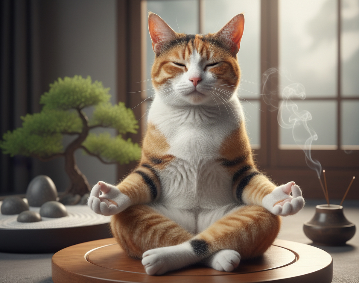 Медитирующий кот в полной гармонии