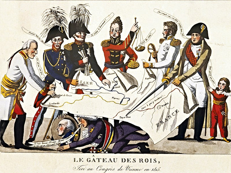 Пирог королей, разрезаемый на конгрессе в Вене в 1815 году. Французская карикатура