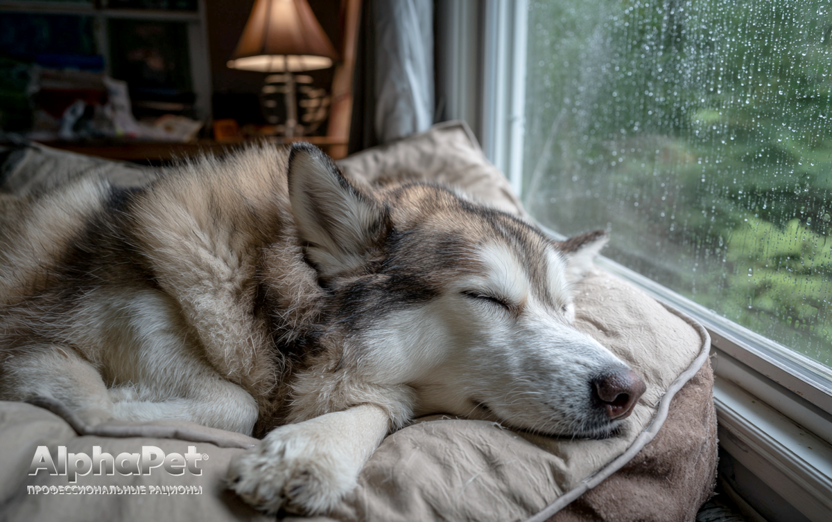 Спокойный хаски спит на лежанке, стабильность и безопасность для собаки / Изображение: AlphaPet
