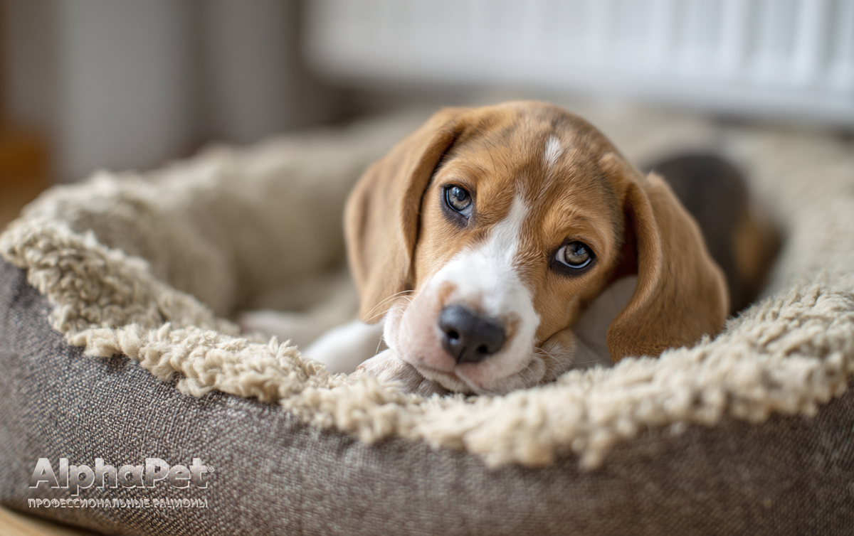 Щенок бигля в своем домике, личное пространство и безопасное место для собаки / Изображение: AlphaPet