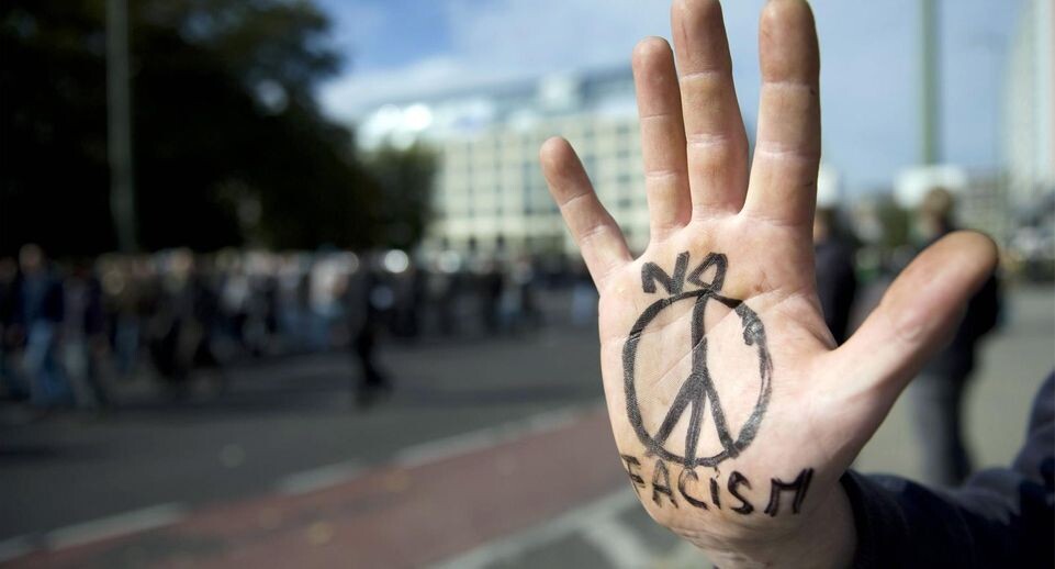    Рука со знаком пацифизма и надписью «Нет фашизму». imago stock&people via www.imago / www.globallookpress.com