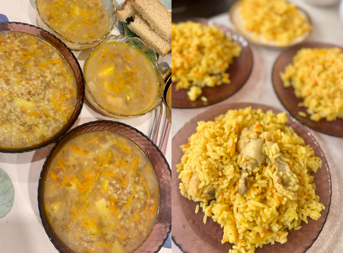 Суп с гречкой и плов.