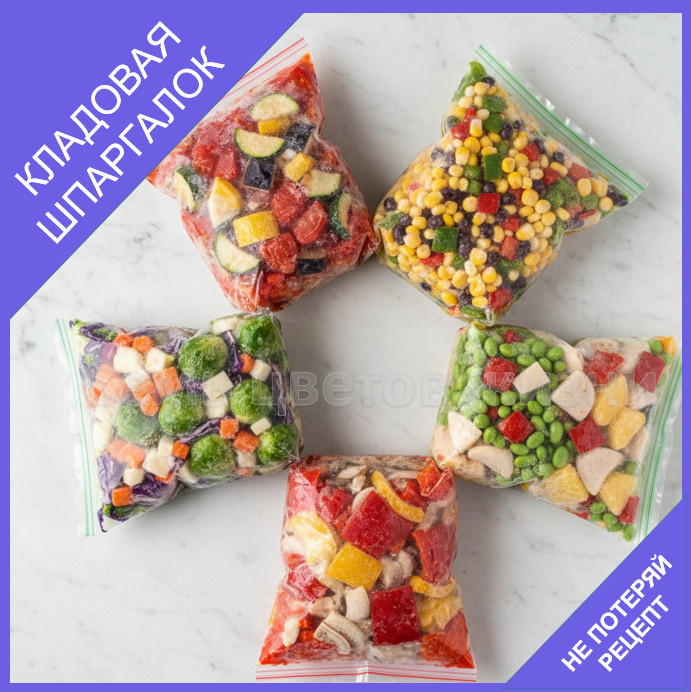 пять замороженных овощных смесей в пакетах — шпаргалка по заготовкам на зиму.