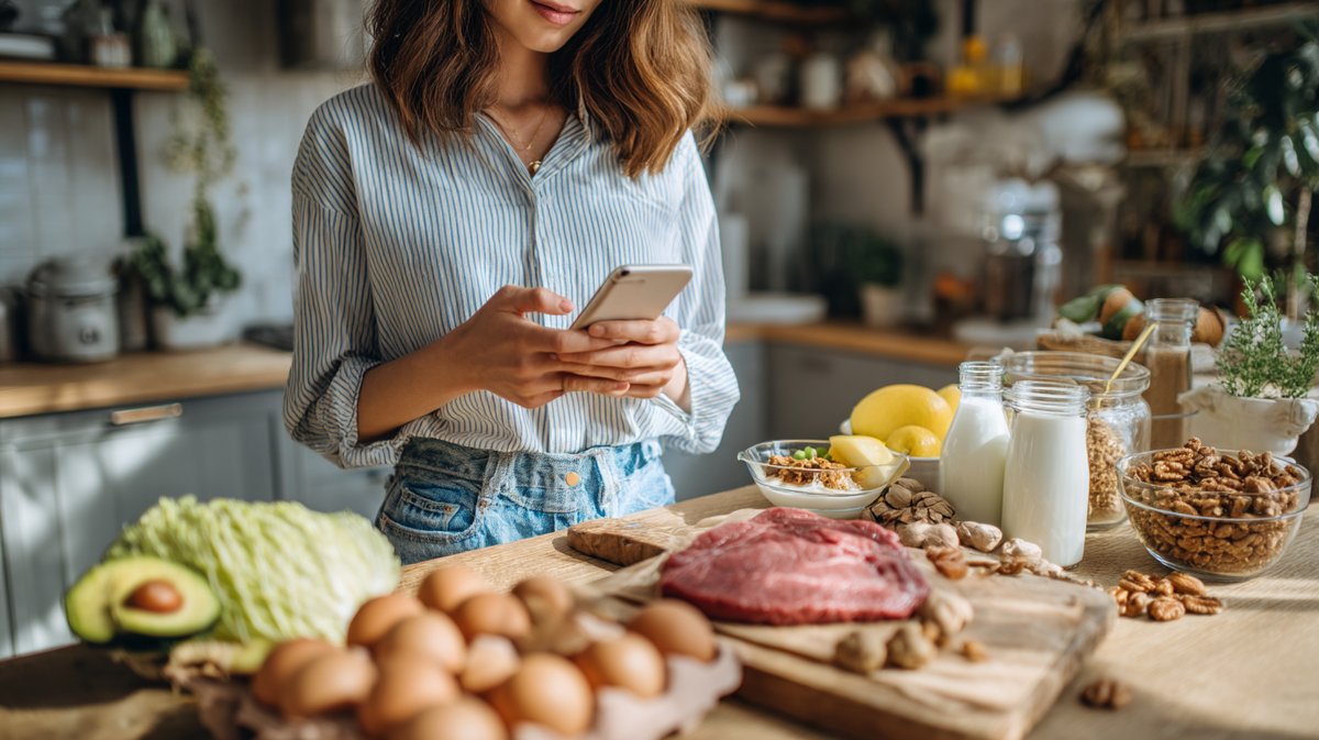 Молодая женщина на кухне с телефоном в руках составляет кето-меню на неделю, на столе авокадо, яйца, стейк, орехи, лимоны и молочные продукты.