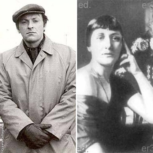 Фотоколлаж из двух черно-белых портретов: слева — молодой Иосиф Бродский в пальто и кепке, справа — Анна Ахматова.