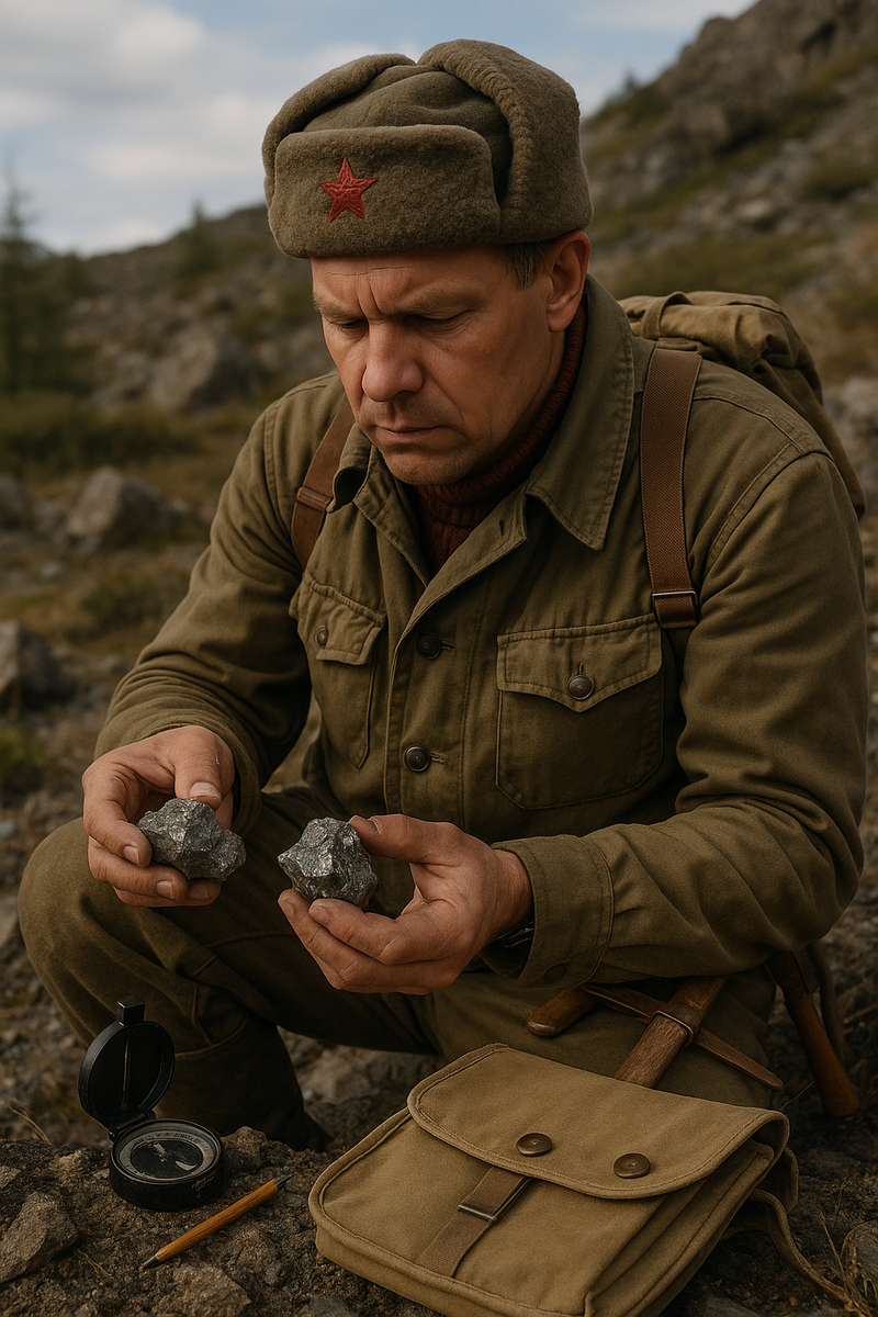 Советский геолог изучает образцы руды
