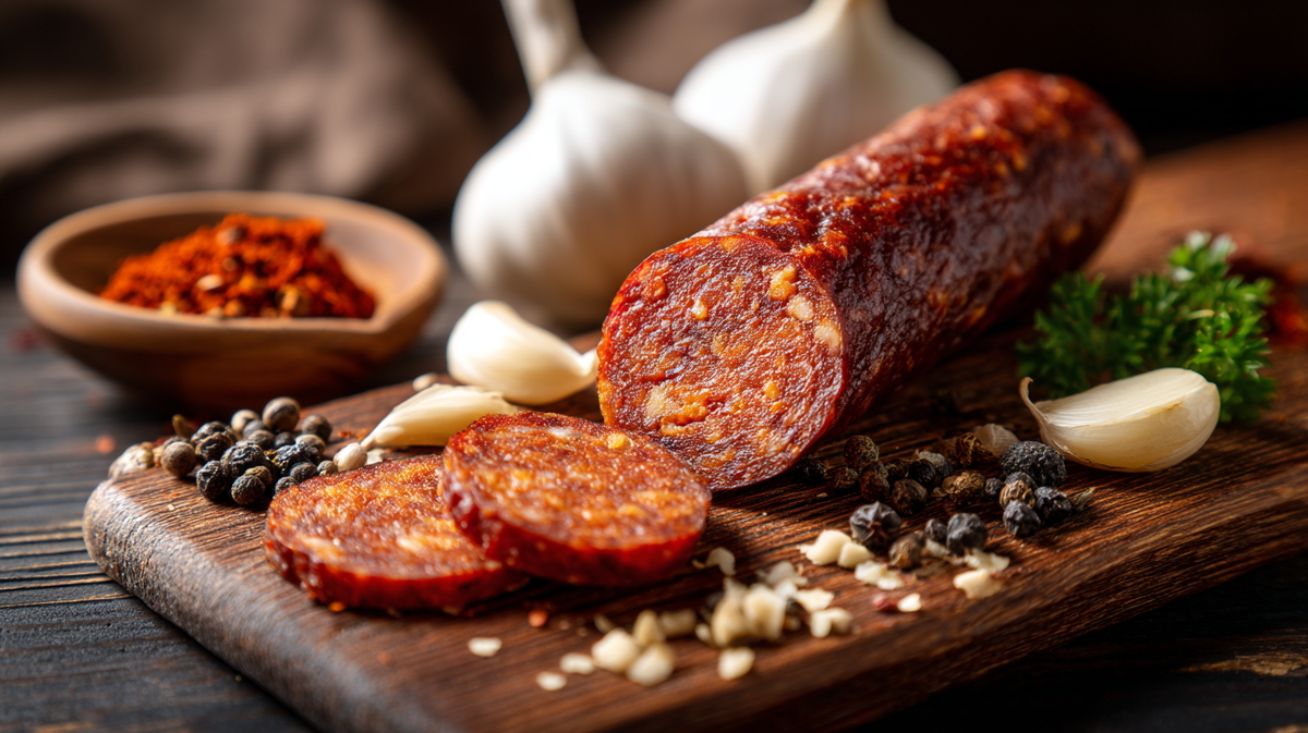 Домашний кето сервелат без сахара, нарезанный кружочками на деревянной доске, рядом чеснок, чёрный перец, паприка и зелень — натуральные ингредиенты для низкоуглеводной колбасы.