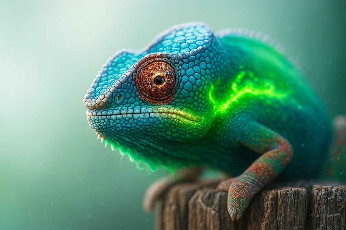 За этой красотой скрывается гениальный механизм. Свет преломляется в нанокристаллах гуанина внутри специальных клеток-иридофоров, создавая структурную окраску. Хамелеон не вырабатывает синий или зелёный пигмент — он управляет светом с помощью микроскопических призм, расположенных прямо в его коже. Это квантовая физика в действии.
