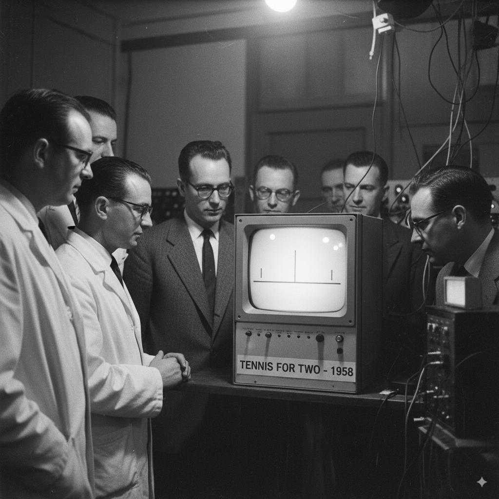 Прадедушка всех видеоигр — «Tennis for Two». Никаких процессоров, только чистый аналоговый сигнал на экране осциллографа. 1958 год.