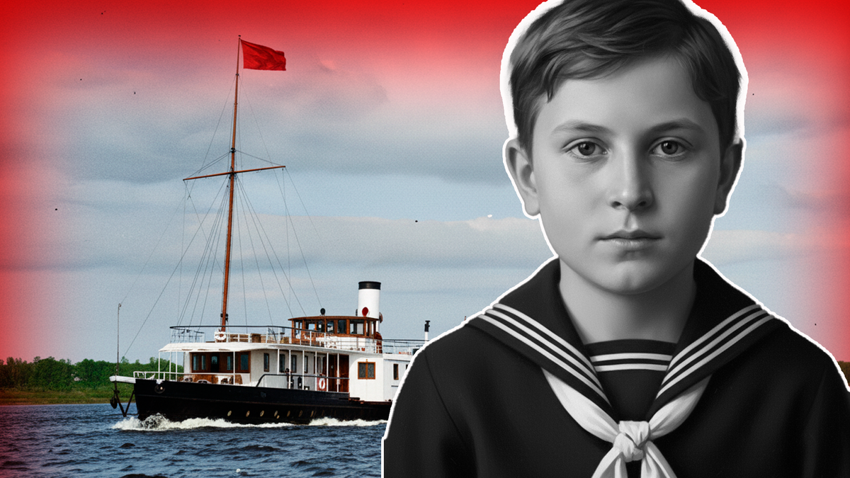 Изображение с отреставрированным фото Лютика Каменева и царского парохода "Межень"