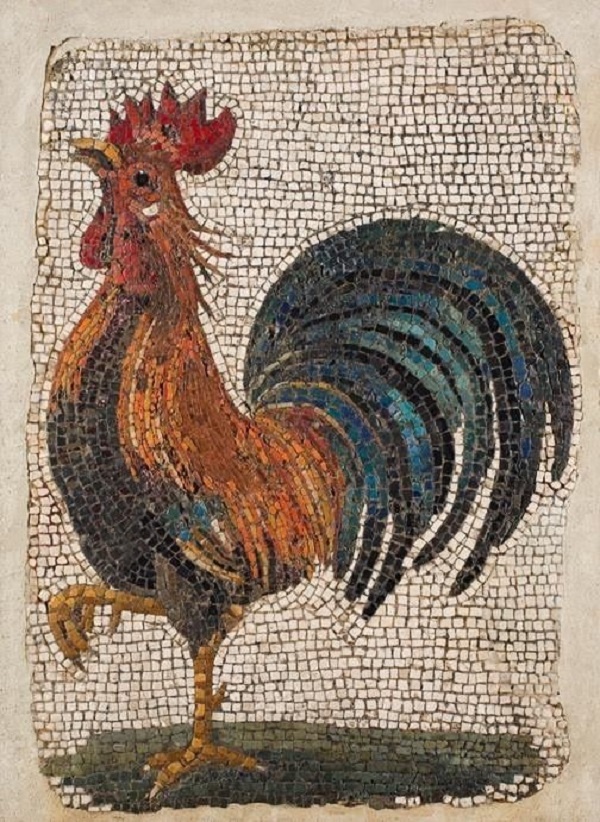 Фото мозаики с изображением петуха найденная в Помпеях