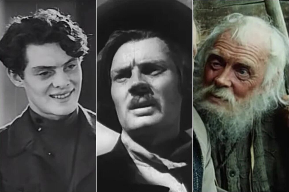    Павел Кадочников исполнил роль Михася в фильме «Совершеннолетие», 1935 год; Актёр в роли Максима Горького в фильме «Яков Свердлов»,1940 год; Кадр из фильма «Сибириада» с артистом в роли Вечного деда, 1979 год. Фото: Коллаж АиФ