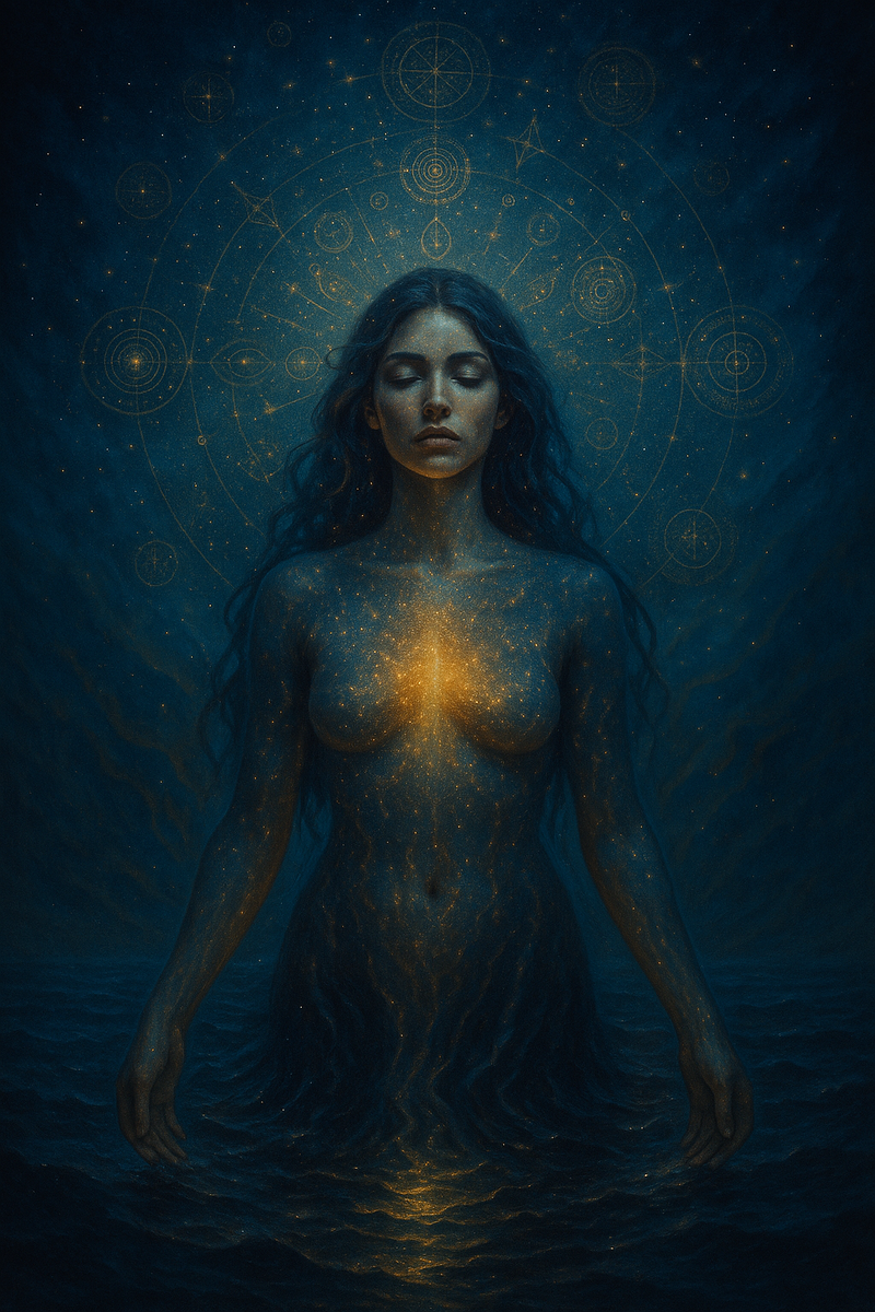 Женщина, вышедшая из огня и света, как дыхание древней Души. В её взгляде — память предков, в её теле — путь сквозь века. Она прошла сквозь боль, чтобы вспомнить Имя. Голос её — ветер времени, несущий свет исцеления.