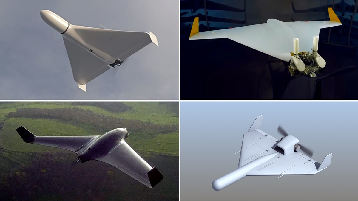 На фотографии: боевые дроны-камикадзе, конструкция выполнена по схеме «бесхвостка» или «летающее крыло» («Герань», «Италмас», «Гарпия» и т.д.).