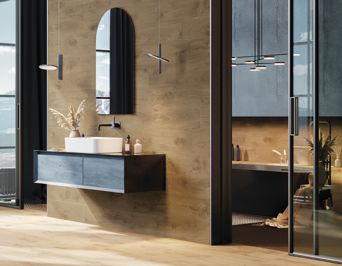Ванная комната с керамогранитом под дерево Dubrava K-2302 