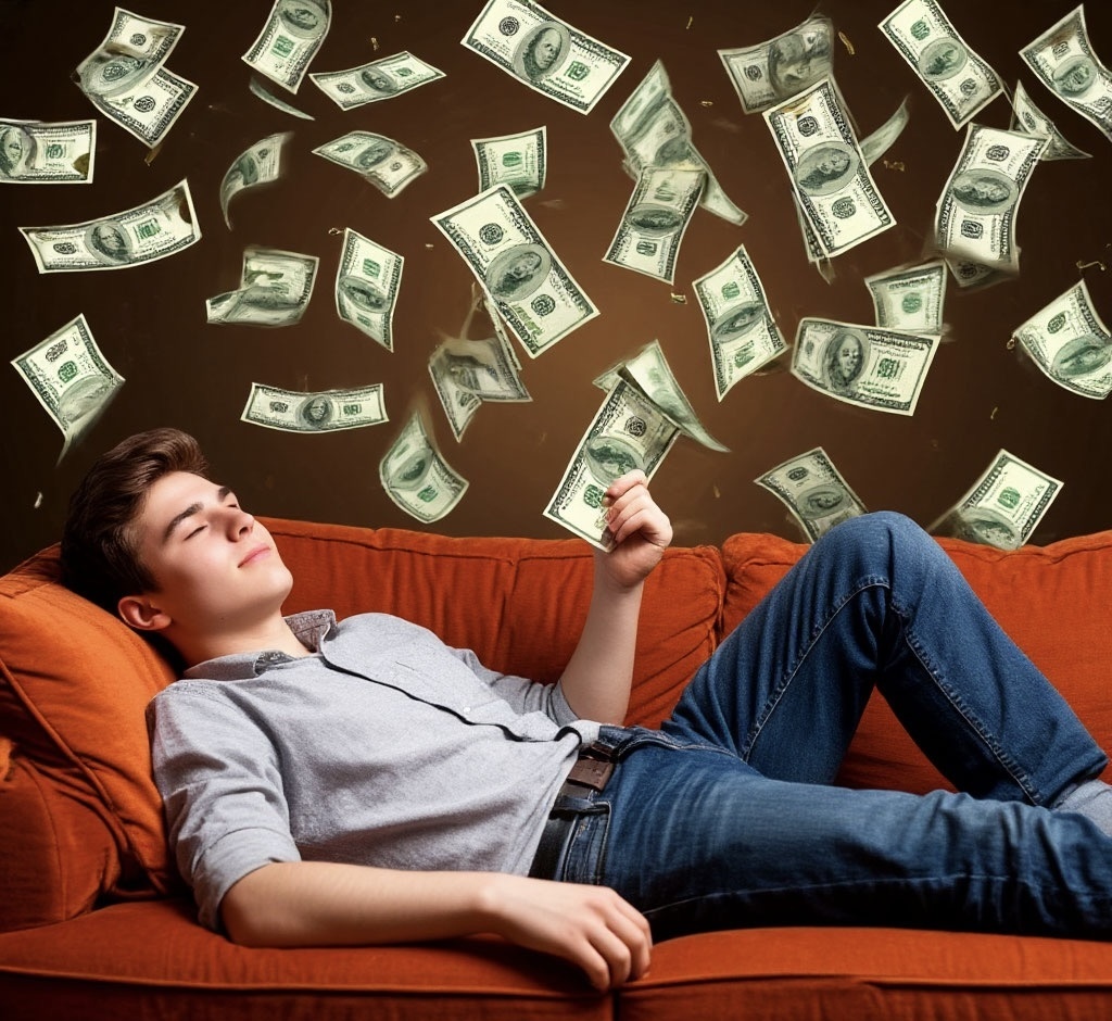 Молодой человек лениво лежит на диване и мечтает о деньгах, падающих с неба