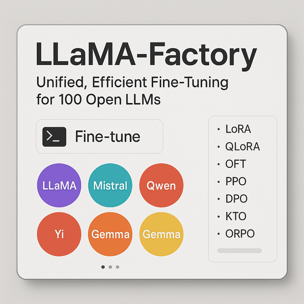 На картинке изображён интерфейс LLaMA-Factory, где представлены различные модели (LLaMA, Mistral, Qwen, Gemma и др.) и методы дообучения (LoRA, QLoRA, PPO и др.), показывающий удобный выбор инструментов для тонкой настройки ИИ.