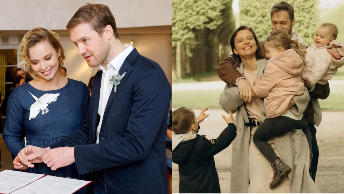 на фото Полина Сыркина с мужем и детьми